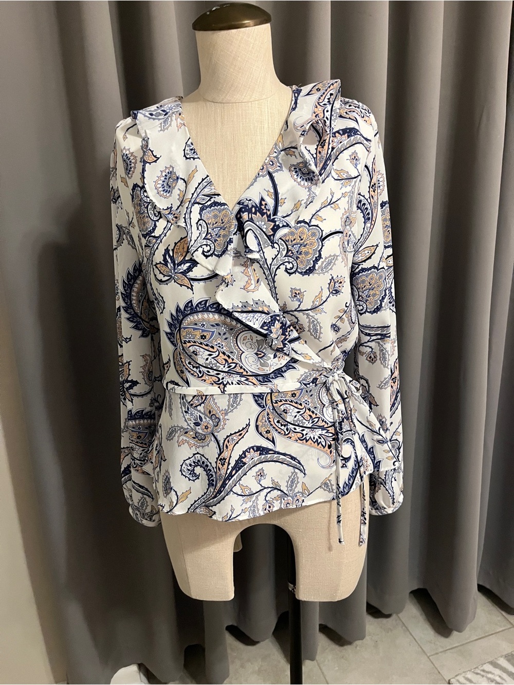 White House Black Market White Paisley Wrap Blouse with Navy and Tan Accents